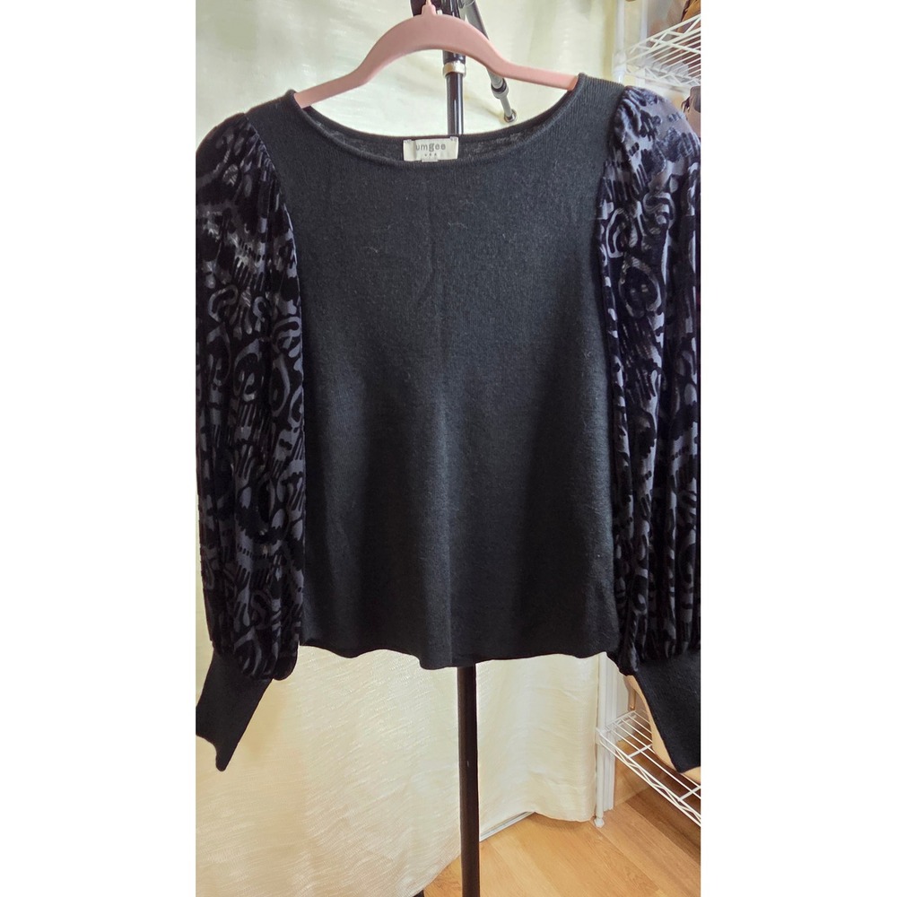 Umgee USA Black Knit Top Velvet Burnout Puff Sleeve Damask Pattern Small